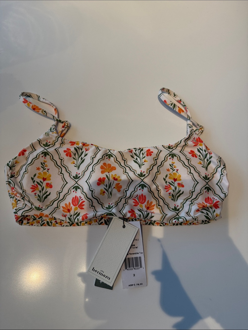 Heritage Floral Bikini Top in White with Yellow & Orange Blooms Reversible.